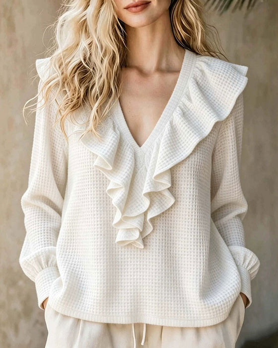 Blus Våffelstickad V-Hals Ruffle