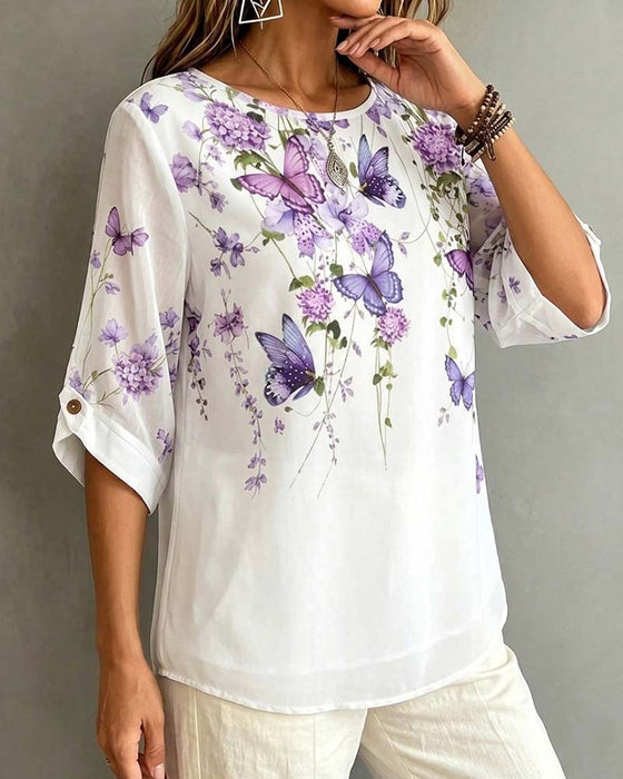 Blus Rundhalsad Fjäril Blommig