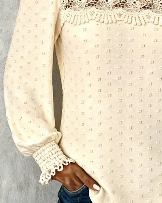 Topp med rund hals jacquard spets och patchworkdesign