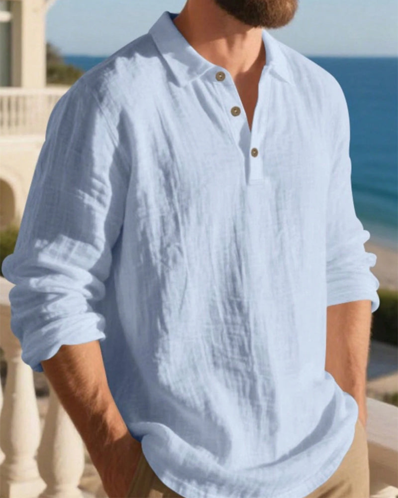Skjorta Herr Lättvikt Lös Linne Långärmad Polo