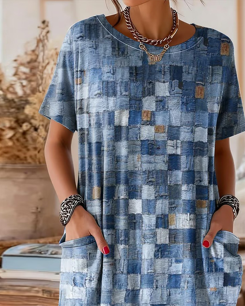 T-Shirt Färgad Ruta Tryck Kort Ärm