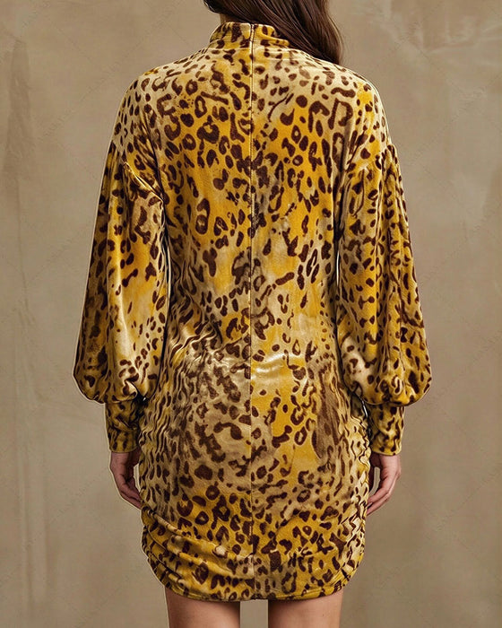Klänning Hög Hals Leopard Lykta Ärm Elegant