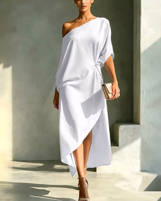Klädning Off-Shoulder Rynkad Oregelbunden Solid