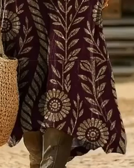 Klänning V-ringning Bladtryck