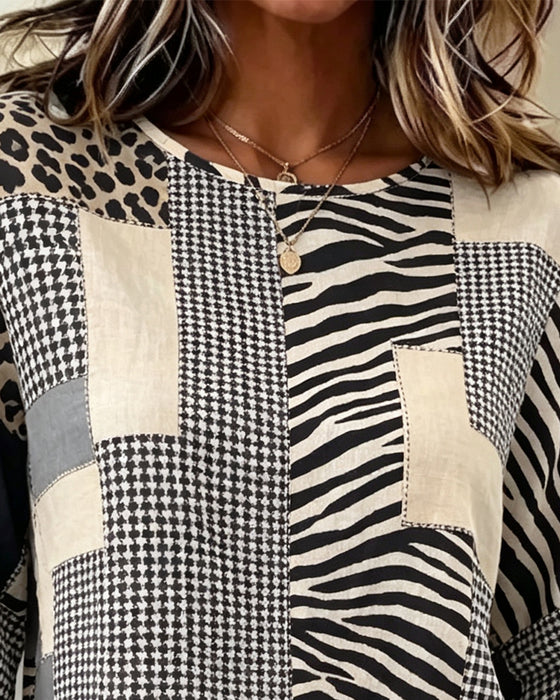 Blus Rundhalsad Lapptäcke Rutig Leopard