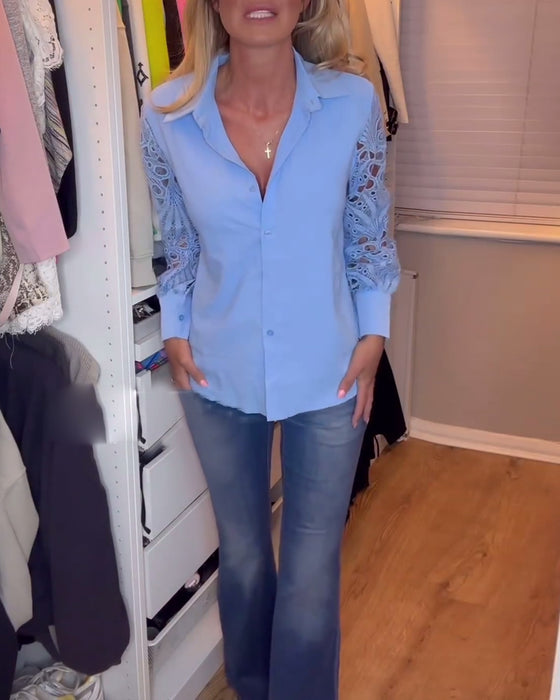 Lapel spetsärm enfärgad skjorta