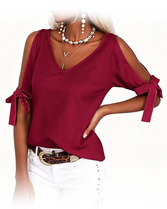 Blus V-Hals Cold Shoulder Rosett Enfärgad