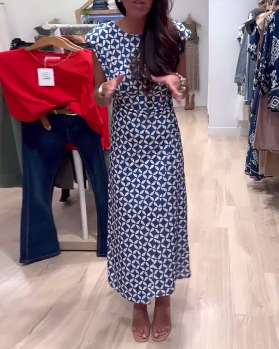 Geometriskt tryck ärmlös, rund halsad elegant klänning