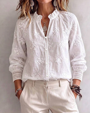 Blus Ruffle Kant Mandarin Krage