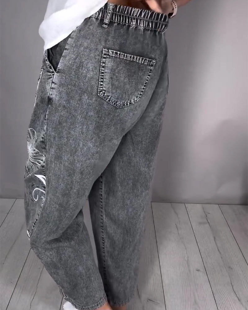 Jeans Blommigt Tryck Nött