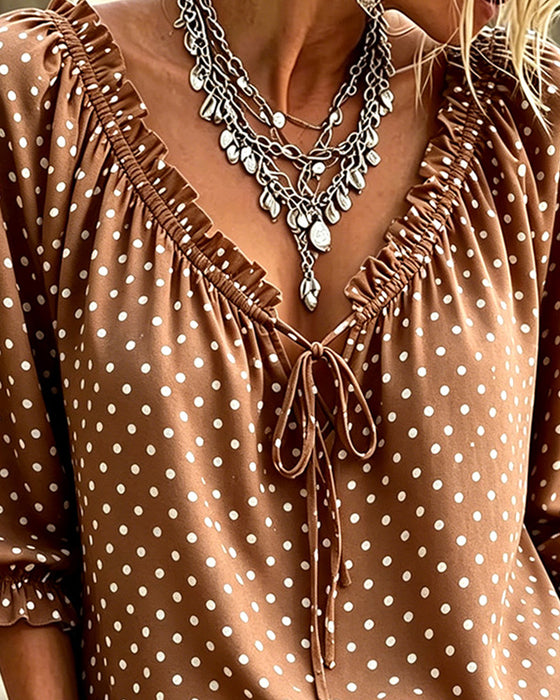 Blus V-Hals Ruffle Polka Dot Knytning