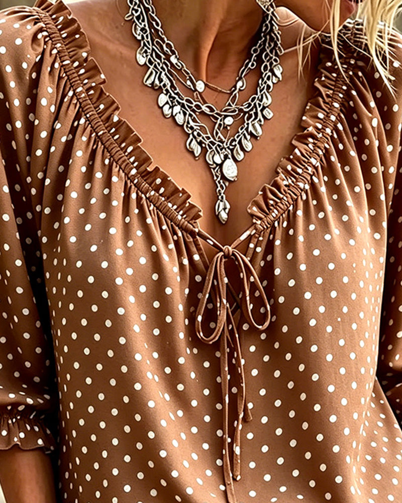 Blus V-Hals Ruffle Polka Dot Knytning