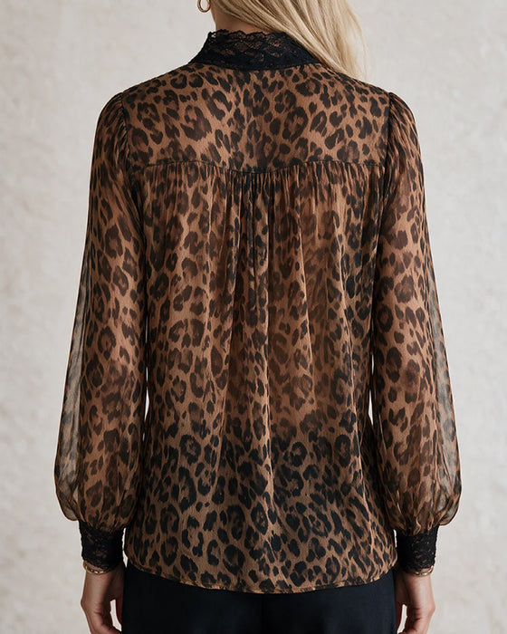 Blus V-Hals Leopard Lång Ärm