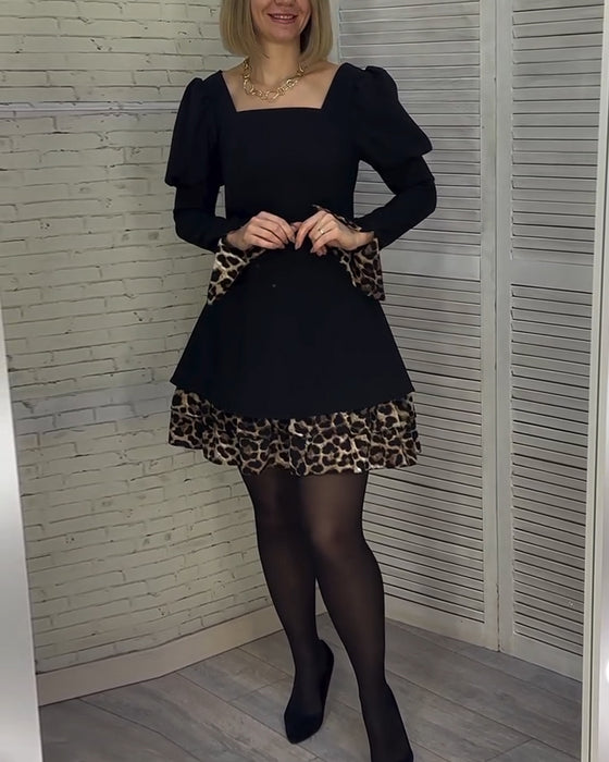 Klänning elegant puffärm leopardtryck