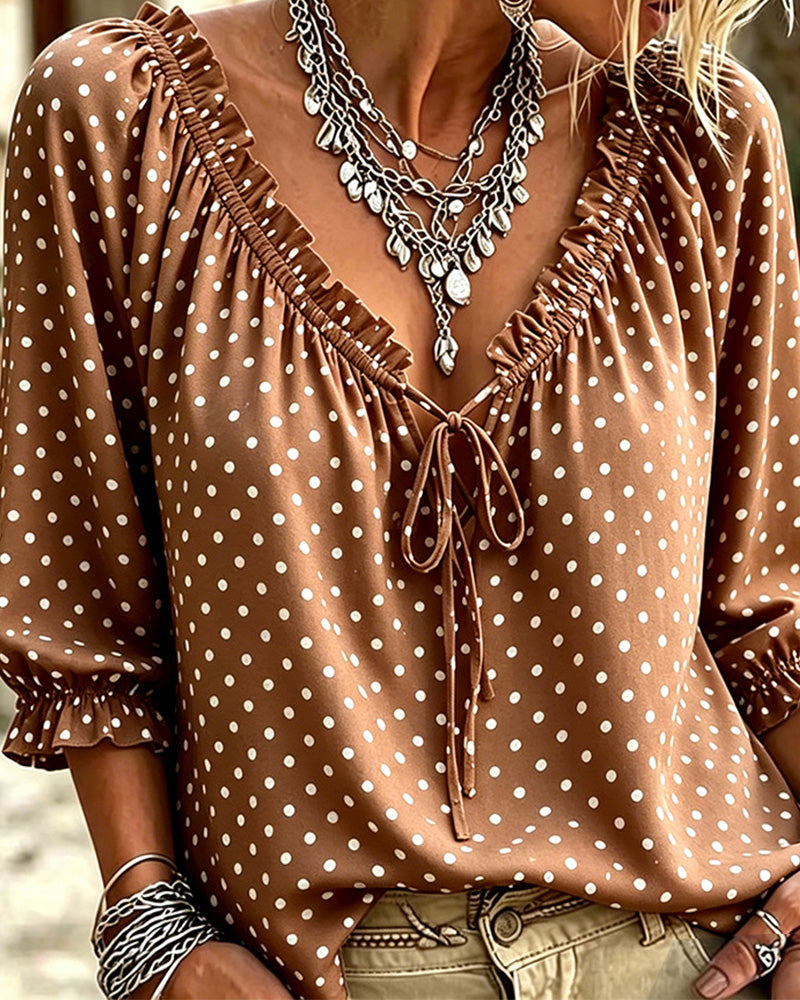 Blus V-Hals Ruffle Polka Dot Knytning