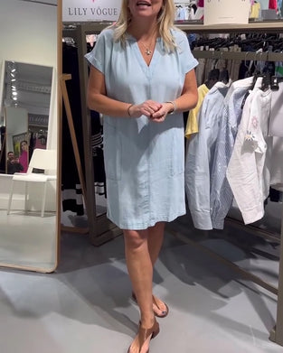 Klänning V-Hals Kort Ärm Denim Avslappnad