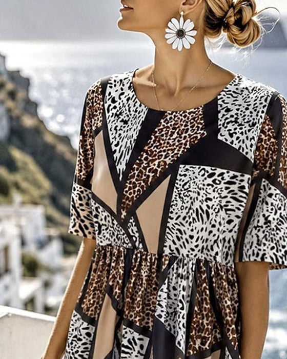 Klänning Geometrisk Patchwork Leopard Full Kjol Maxi