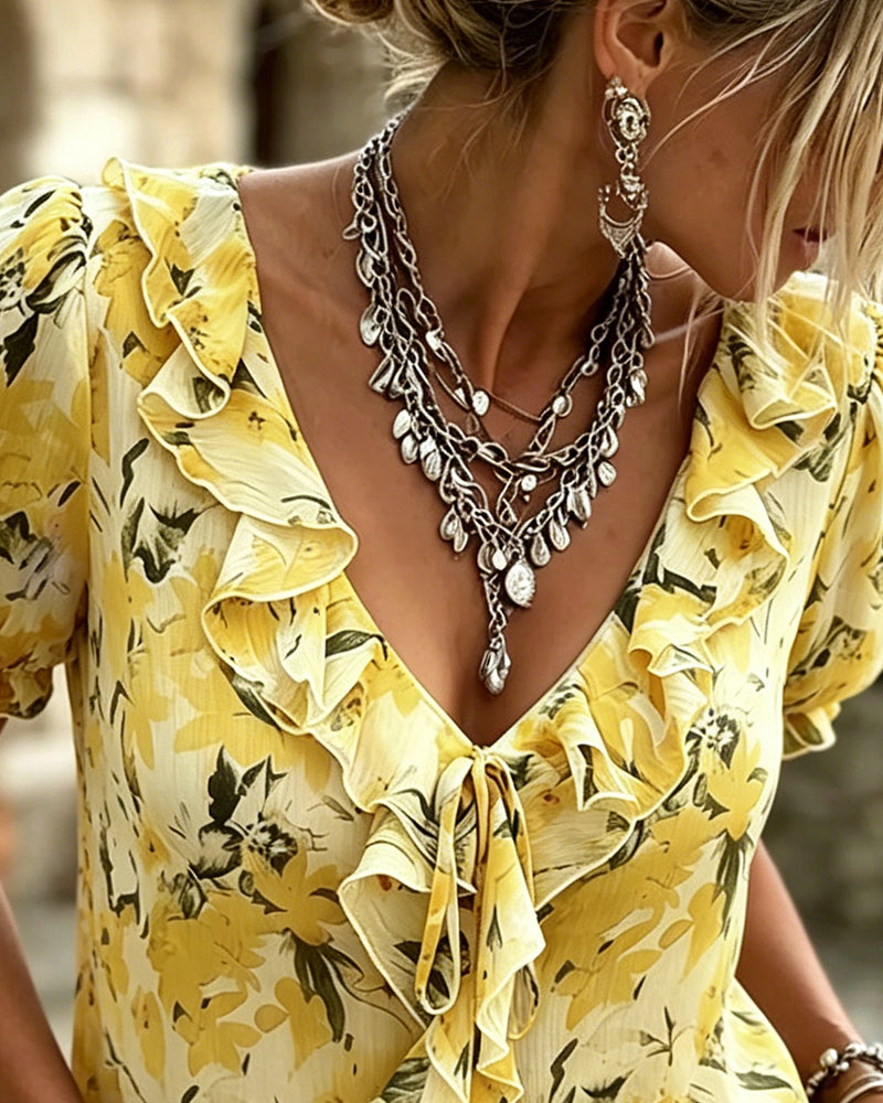 Blus V-Hals Ruffle Bubbel Ärm