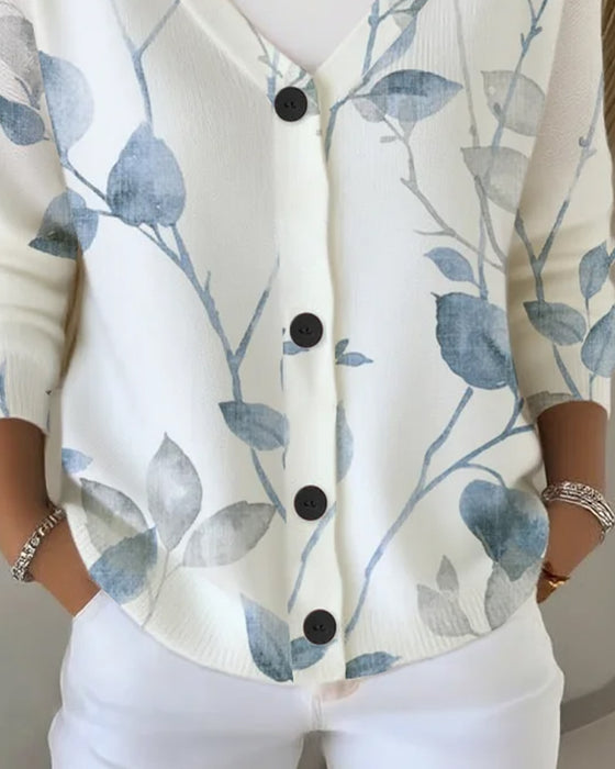Pullover V-Hals Knapp Blad Tryck