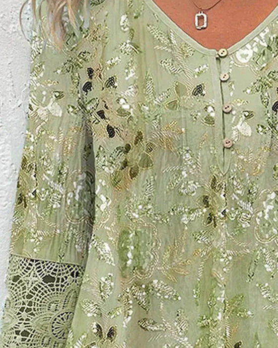 Blus Spets Patchwork Blommig V-Hals