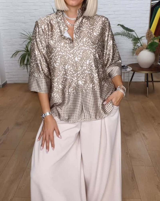 Blus Med Ståndkrage Och Tryckt Satin