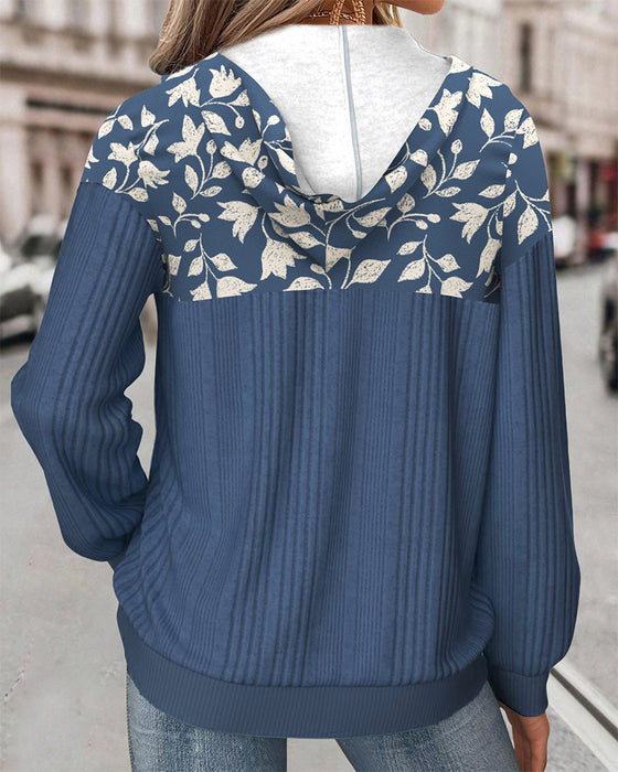 Sweatshirt Med Huva Halvdragkedja Blomtryck