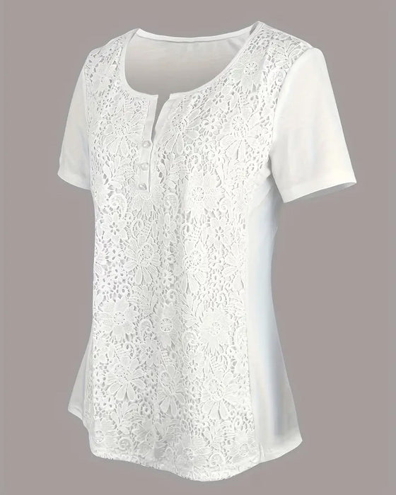 Blus Rund Hals Spetsdetalj