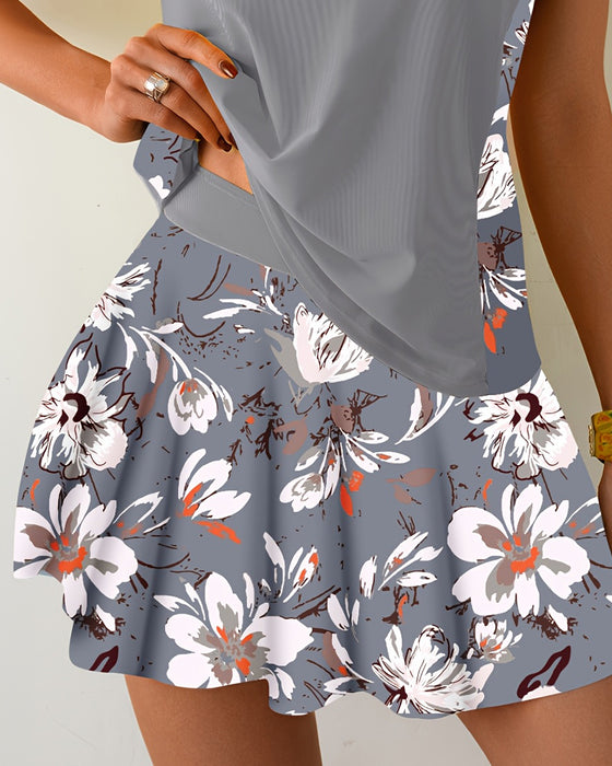 Tankini Ärmlös Patchwork Blommig