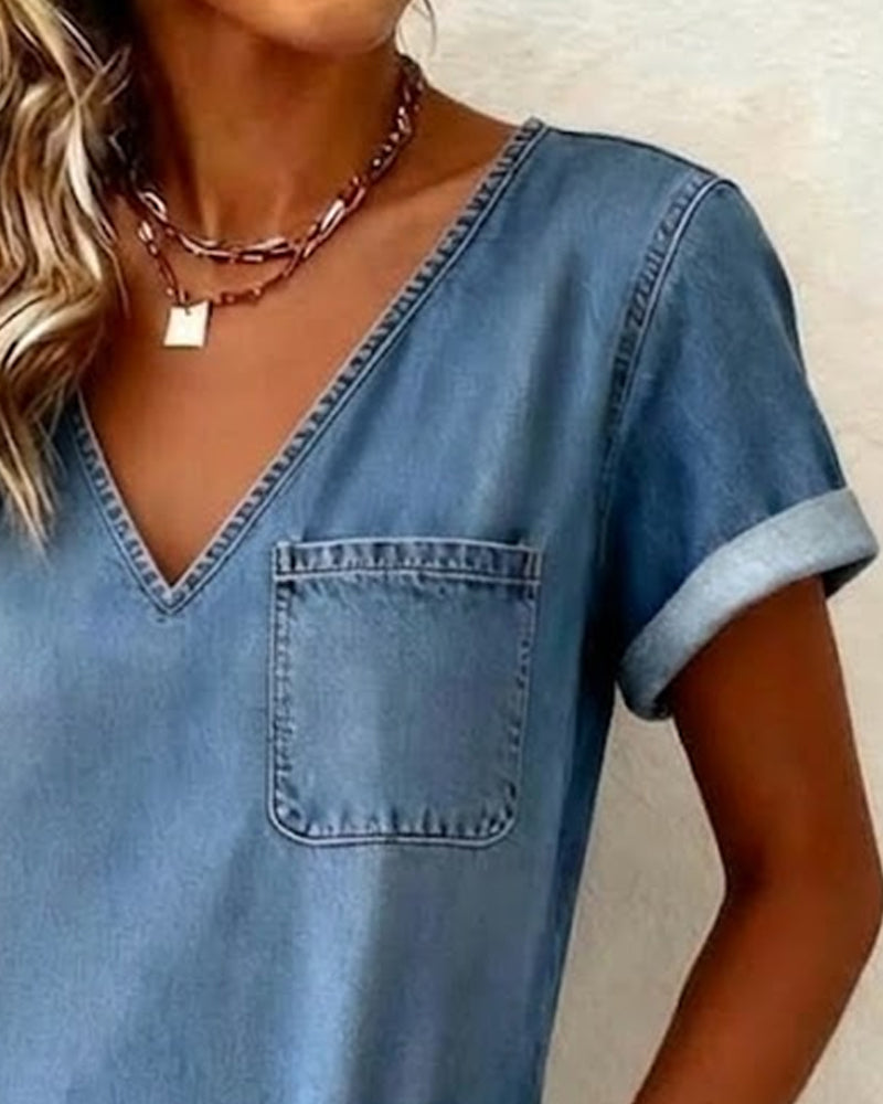 Klänning Denim V-ringning Kortärmad Shift