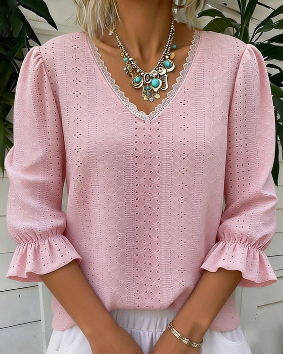 T-shirt Elegant V-ringning Spets Utskärning