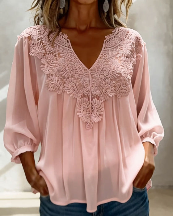 Blus V-Ringning Spets Enfärgad