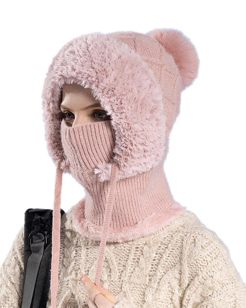 🔥Stilren Tjockstickad Vintermössa – Med Varm Ansiktsskydd Och Halsduk🧣