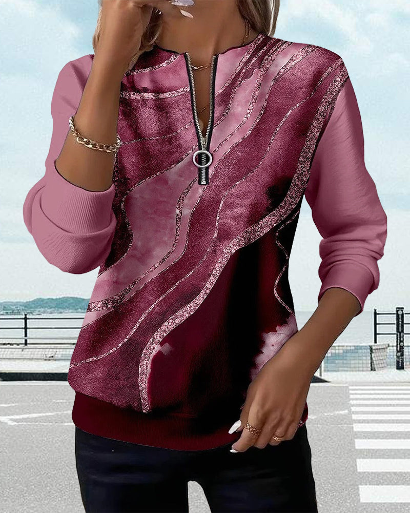 Sweatshirt Med Halv Dragkedja Och Vintage-Tryck