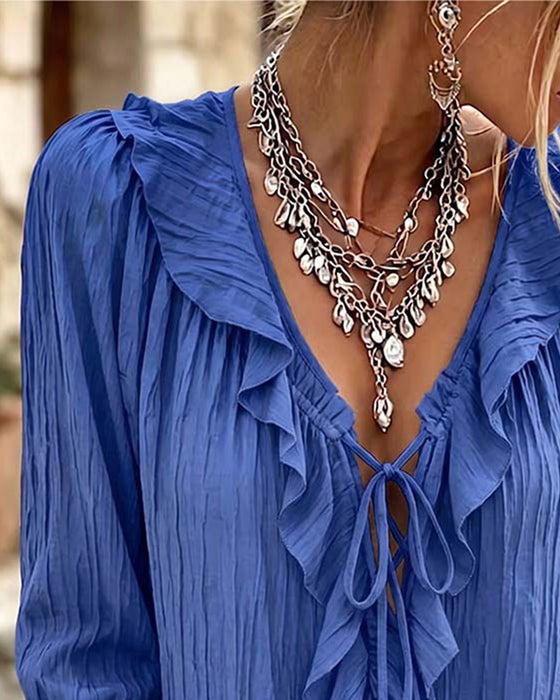 Blus Ruffle Trim Snörning Lång Ärm