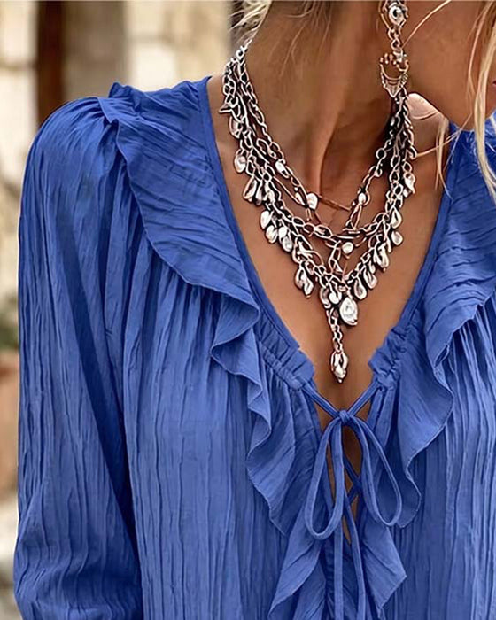 Blus Ruffle Trim Snörning Lång Ärm