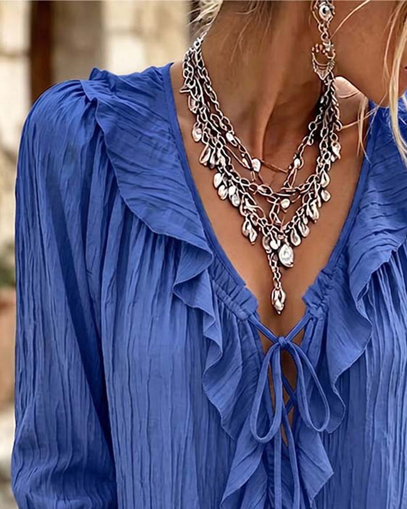 Blus Ruffle Trim Snörning Lång Ärm