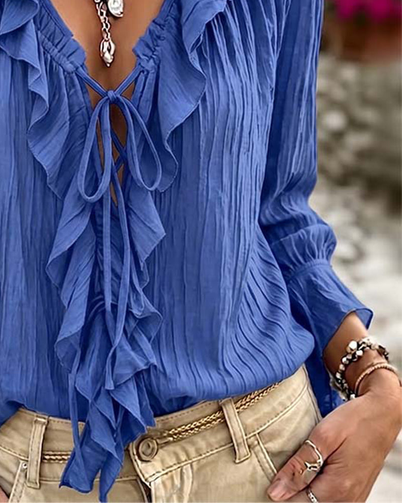 Blus Ruffle Trim Snörning Lång Ärm
