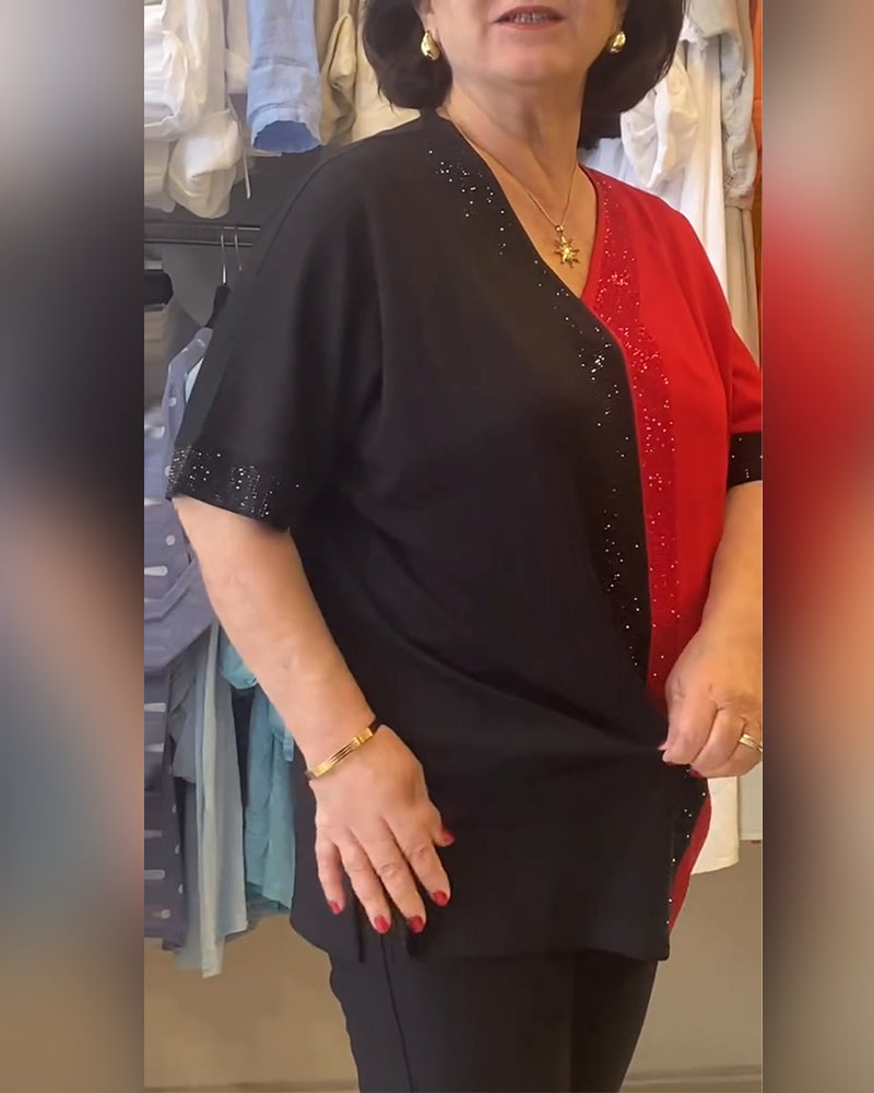 T-Shirt V-Hals Färgblock Lös