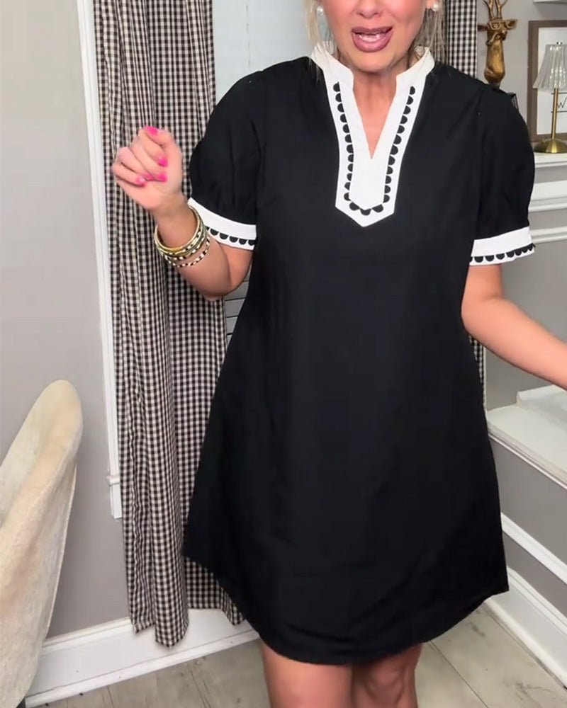 Klänning Bubbla Ärm Färgblock V-Hals