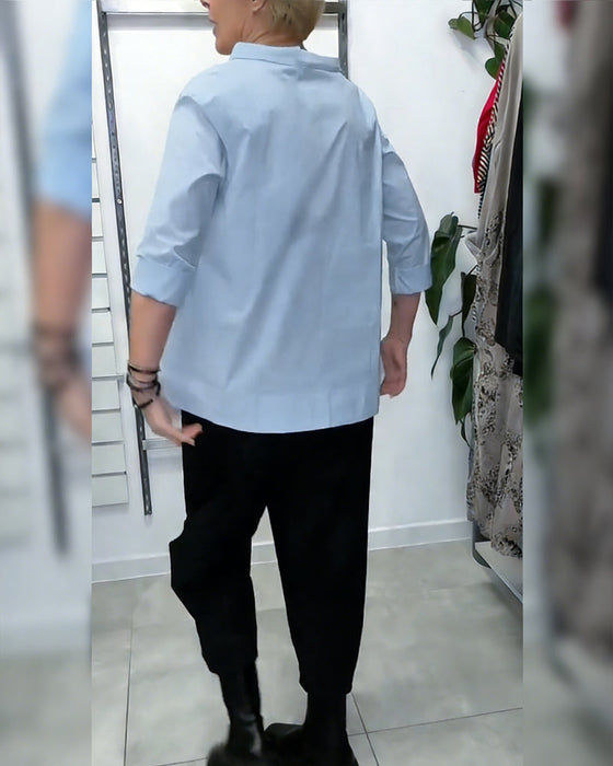 100% Bomull  Blus Vid Krage Enfärgad Casual