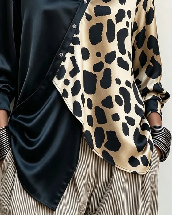 Blus Oregelbundet Leopardmönster Knappad