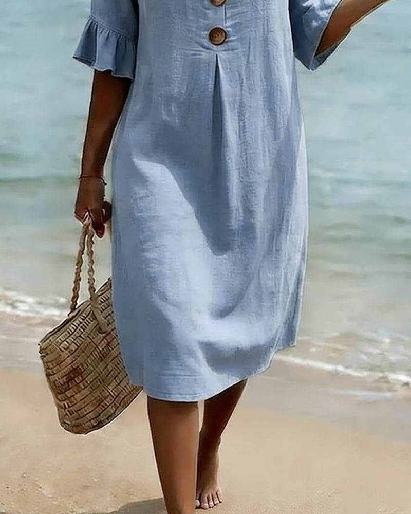 Klänning Knapp Rynkad Ärm 100% Bomull