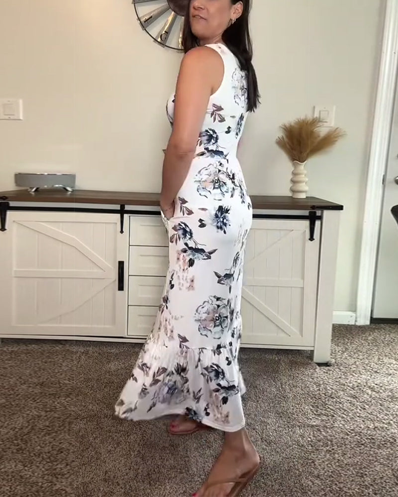 Klänning Bläcktvättad Blommig Ärmlös Lång