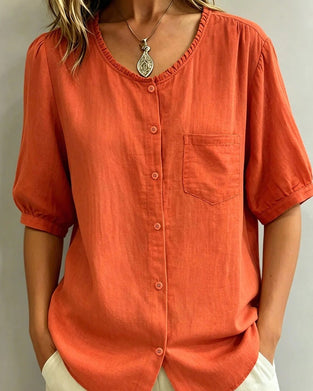 Blus Ruffle Trim Knapp Ficka