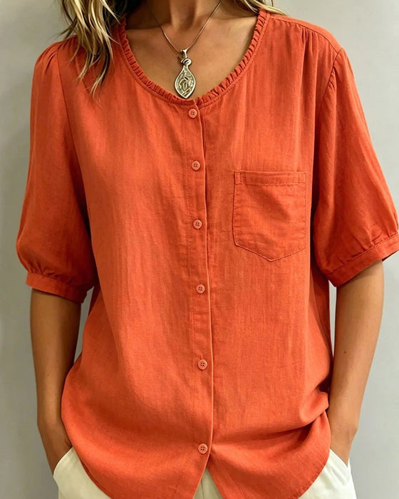 Blus Ruffle Trim Knapp Ficka