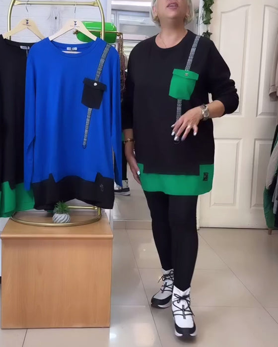 Tröja avslappnad ficka med rund hals i kontrastfärg