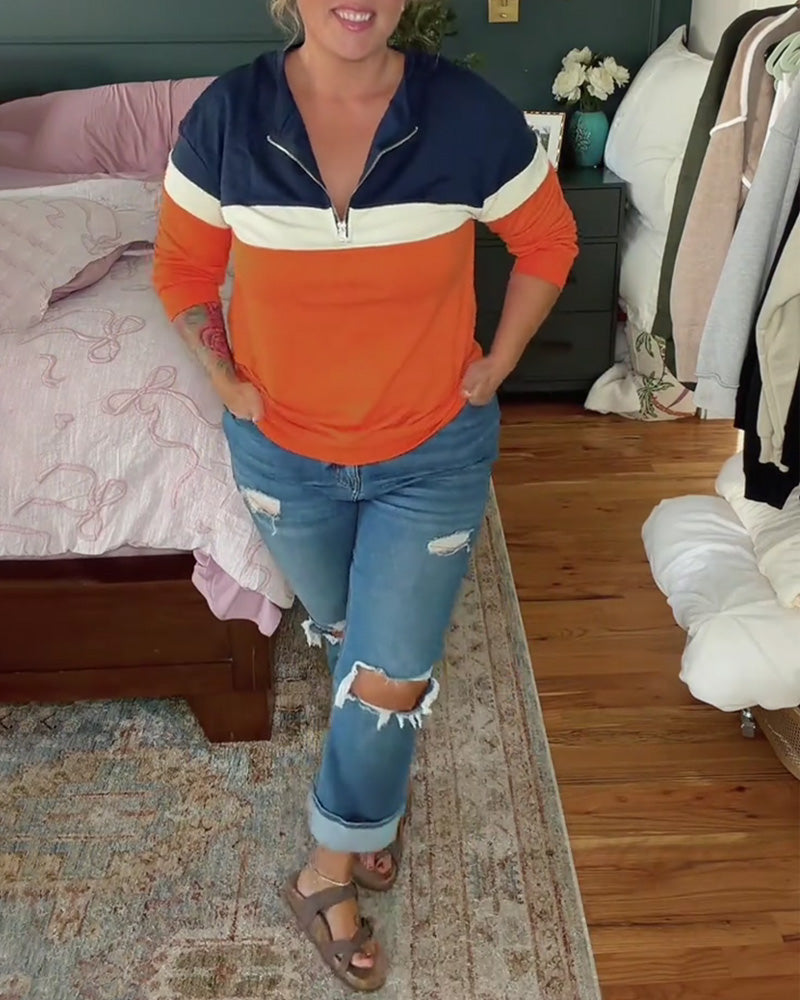 Sweatshirt Med Dragkedja, Ståkrage Och Färgblockering Långärmad