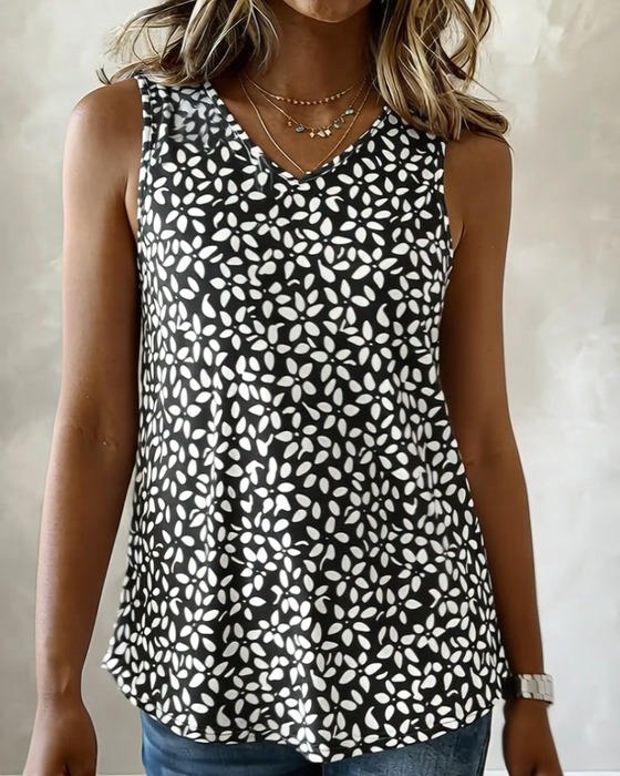 Linne Tryck V-Hals Ärmlös