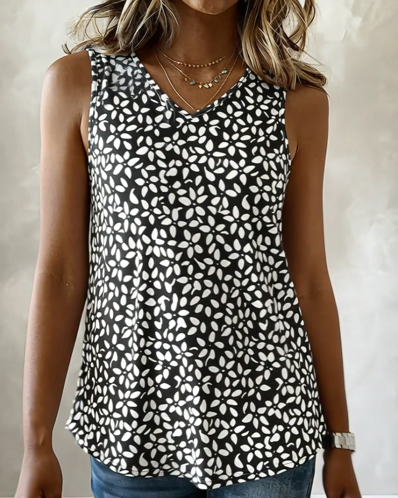 Linne Tryck V-Hals Ärmlös