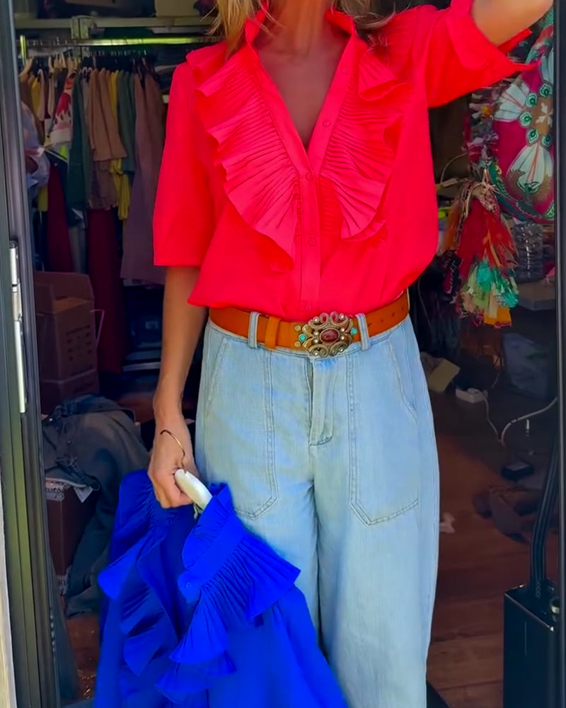 Blus Casual Ruffle Komfort Kort